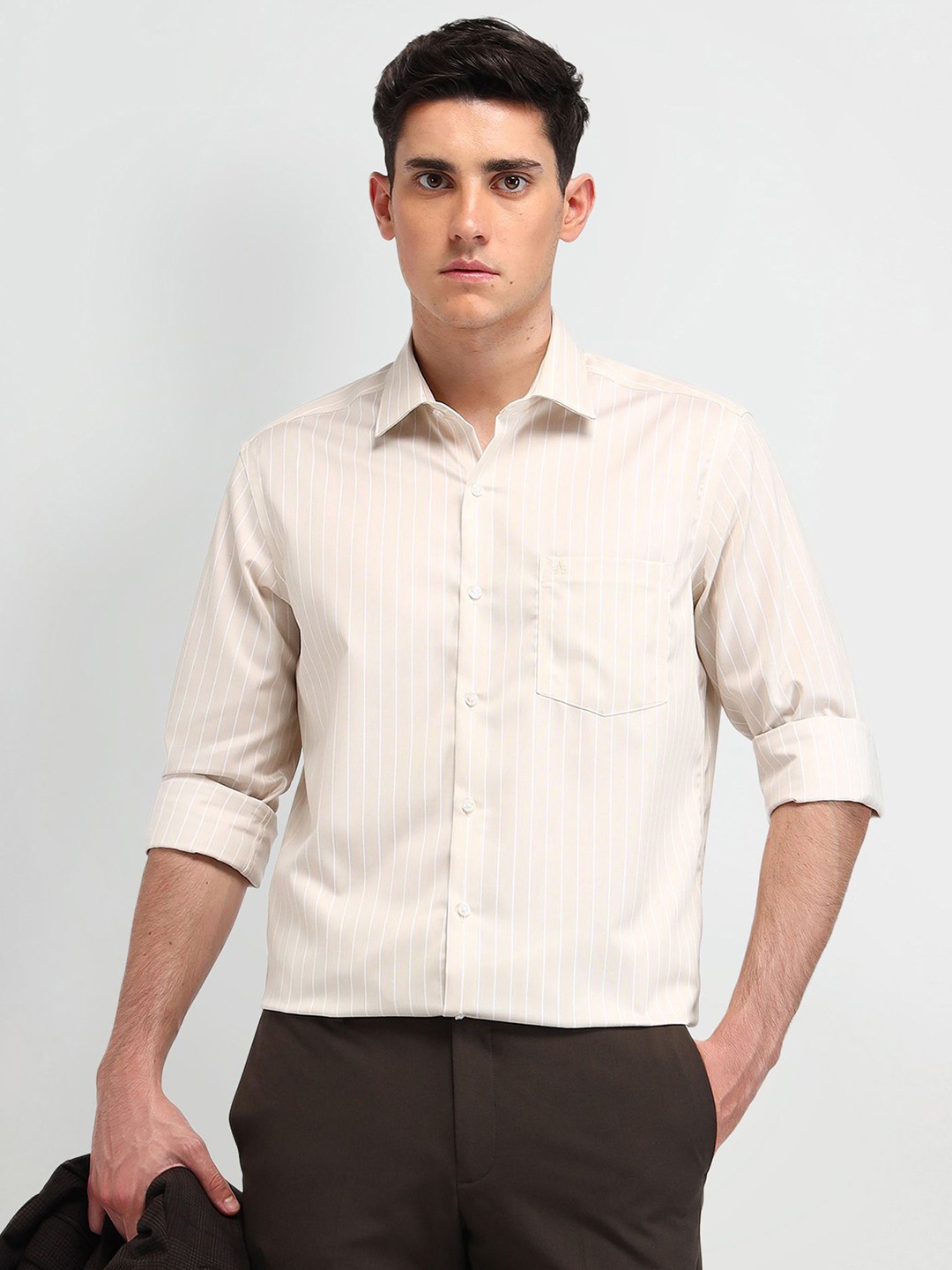 

Arrow Men Smart Slim Fit Opaque Striped Formal Shirt, Beige