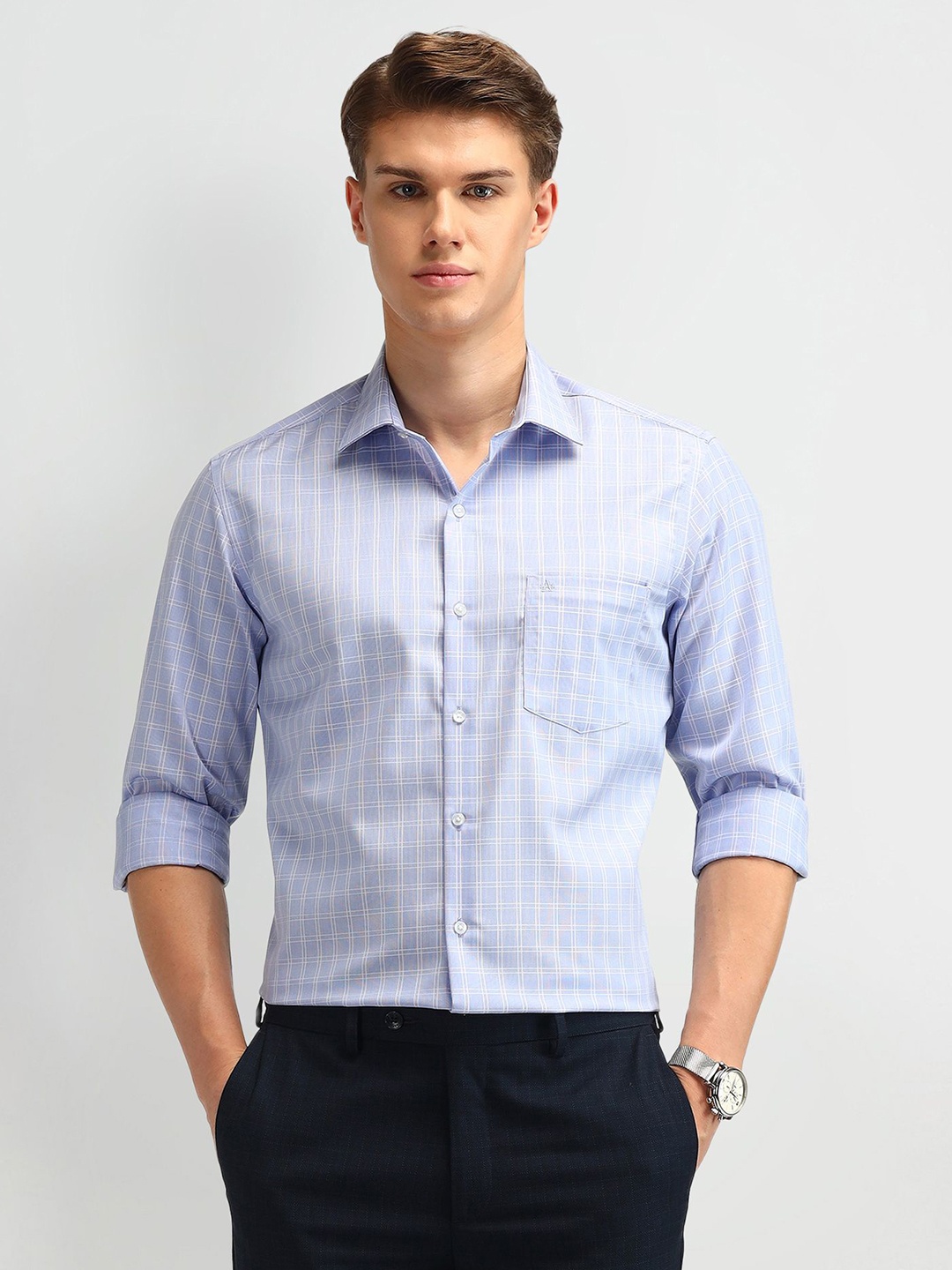 

Arrow Men Smart Slim Fit Opaque Printed Formal Shirt, Blue