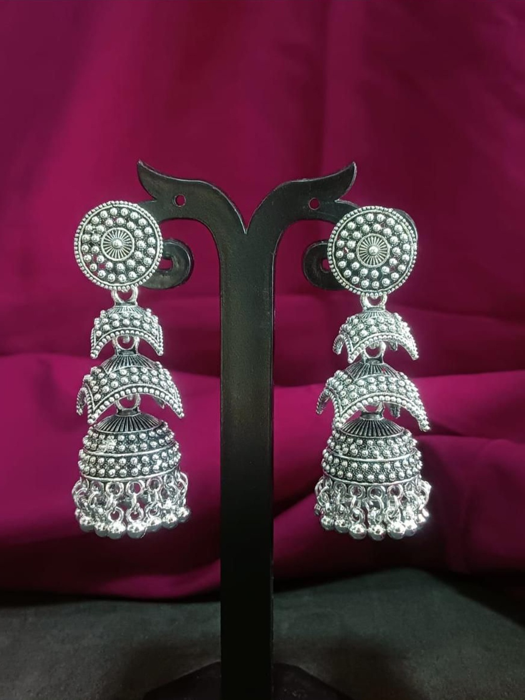 

Efulgenz Rhodium-Plated Beaded Oxidized Jhumkas, Silver