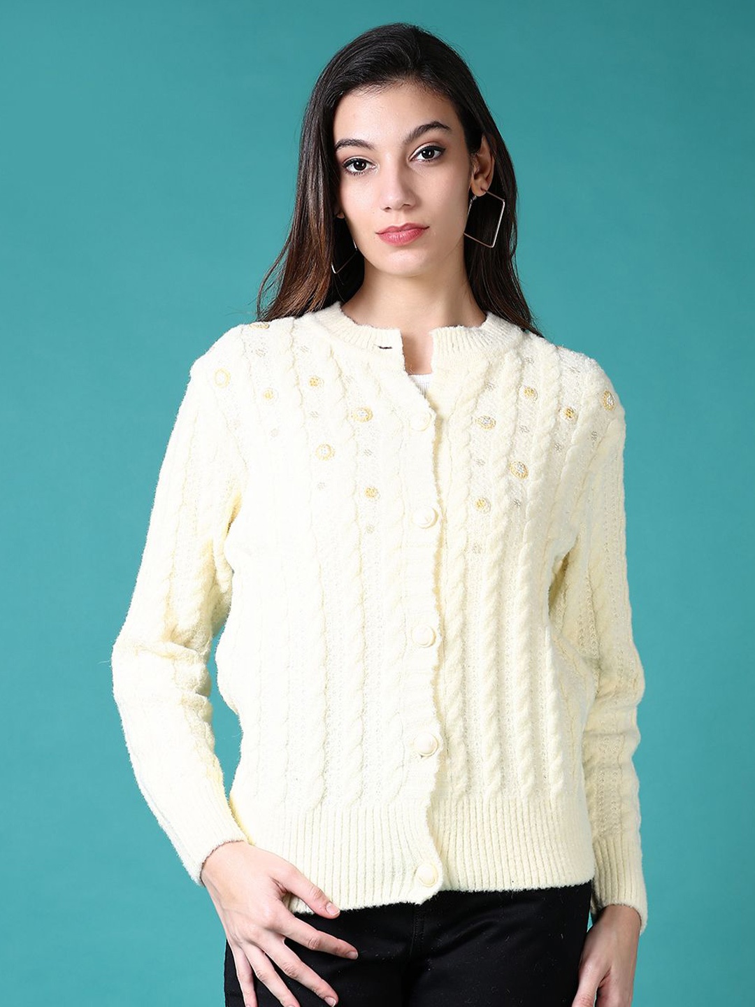 

V-Mart Women Cable Knit Long Sleeves Cardigan, Cream
