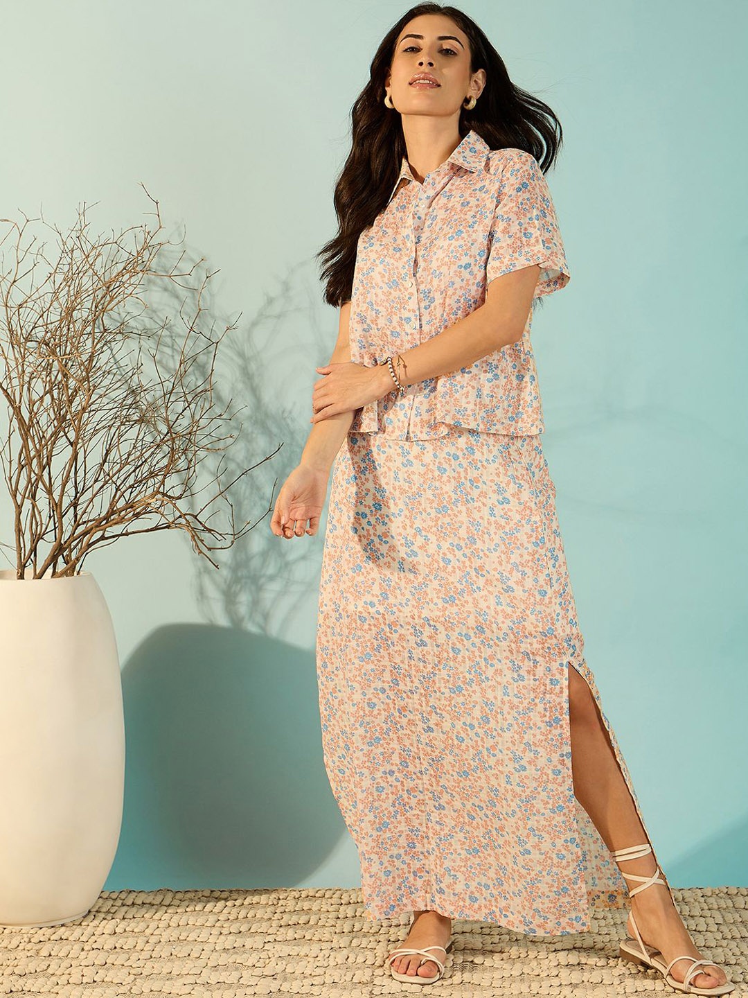 

The Kaftan Company Women Printed Cotton Shirt & Skirt Co-ord Set, White