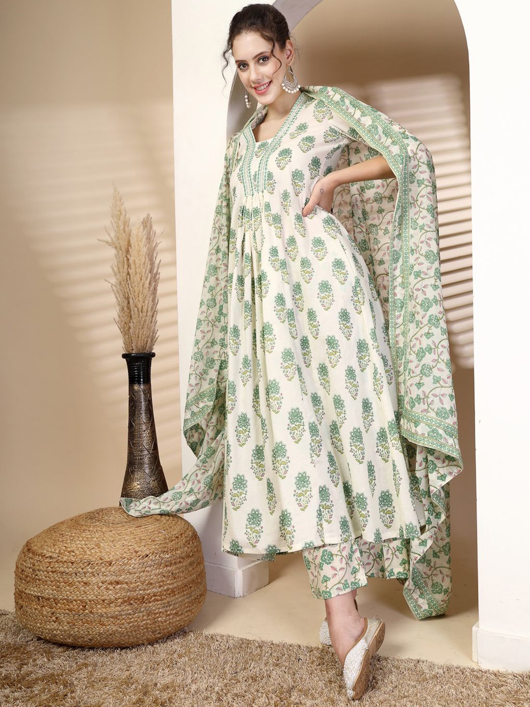 

KIMAYRA V-Neck Floral Printed Pleated Pure Cotton A-Line Kurta with Trouser & Dupatta, Olive