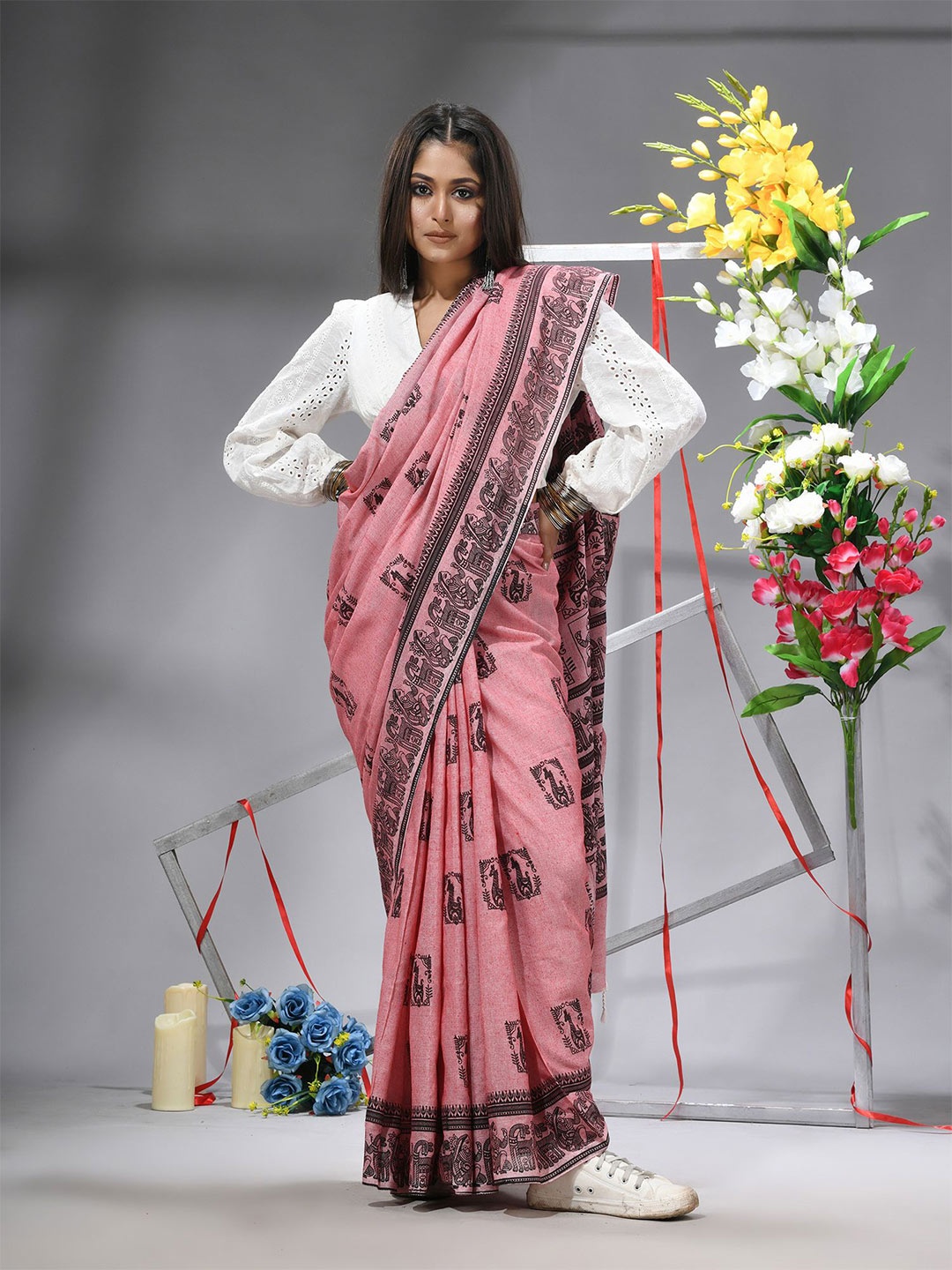 

TANTLOOM Ethnic Motifs Printed Pure Cotton Saree, Pink