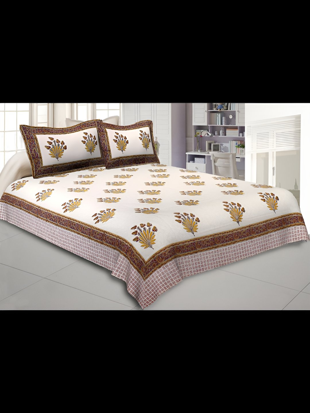 

BED-SHEET.COM White & Yellow Floral King Bedsheet with 2 Pillow Covers