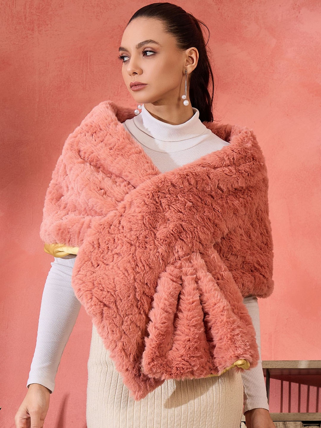 

InWeave Self Design Acrylic Winter Fur Shawl, Coral