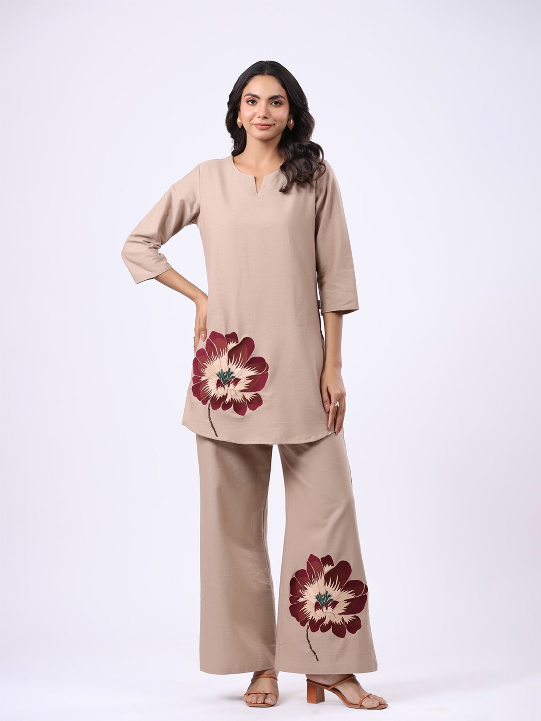 

JISORA Floral Embroidered Pure Cotton Tunic With Palazzo, Grey
