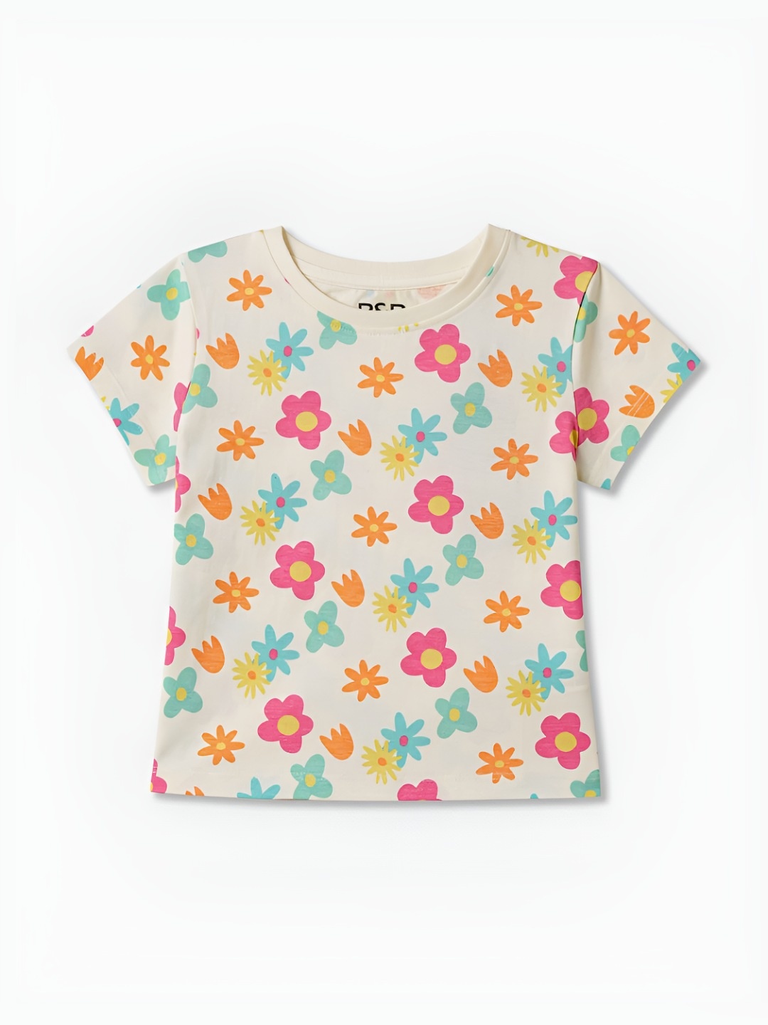 

R&B Girls Floral Printed Applique T-shirt, Beige