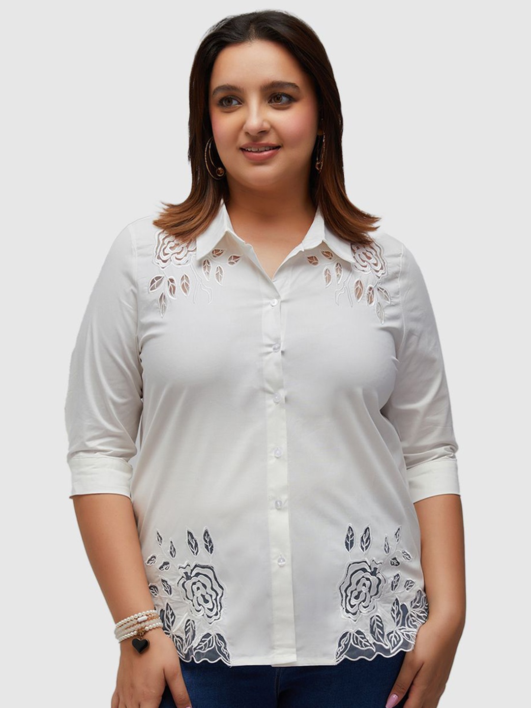 

Presence Women Straight Floral Opaque Casual Shirt, White