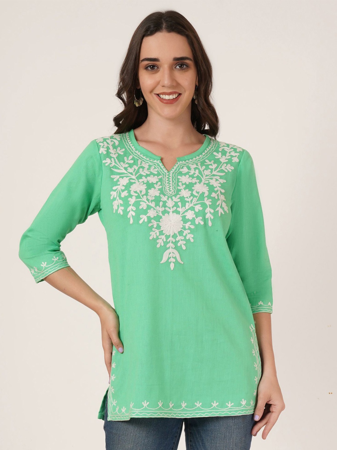 

Brownverse Women Floral Embroidered Cotton Kurti, Green