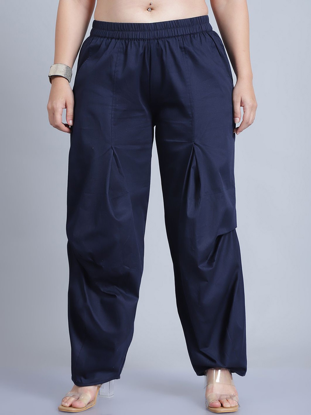 

Baawri Women Mid-Rise Pleated Cotton Trousers, Navy blue