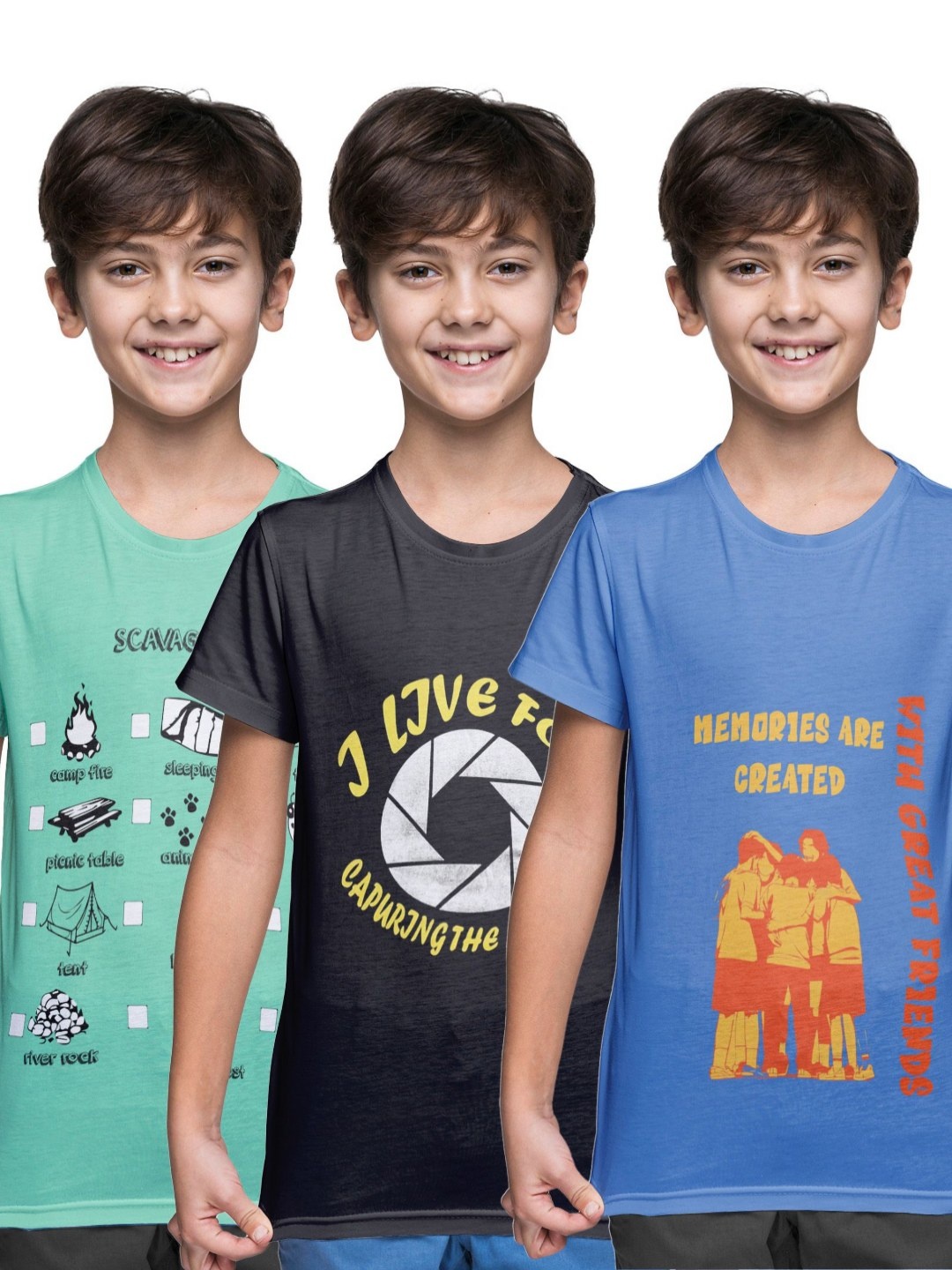 

KiddoPanti Boys 3 Printed Raw Edge T-shirt, Green