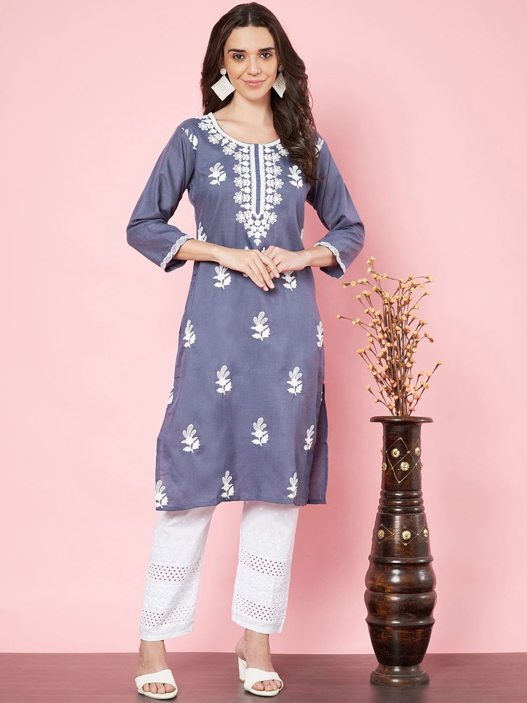 

HERE&NOW Floral Embroidered Cotton Straight Kurta, Grey