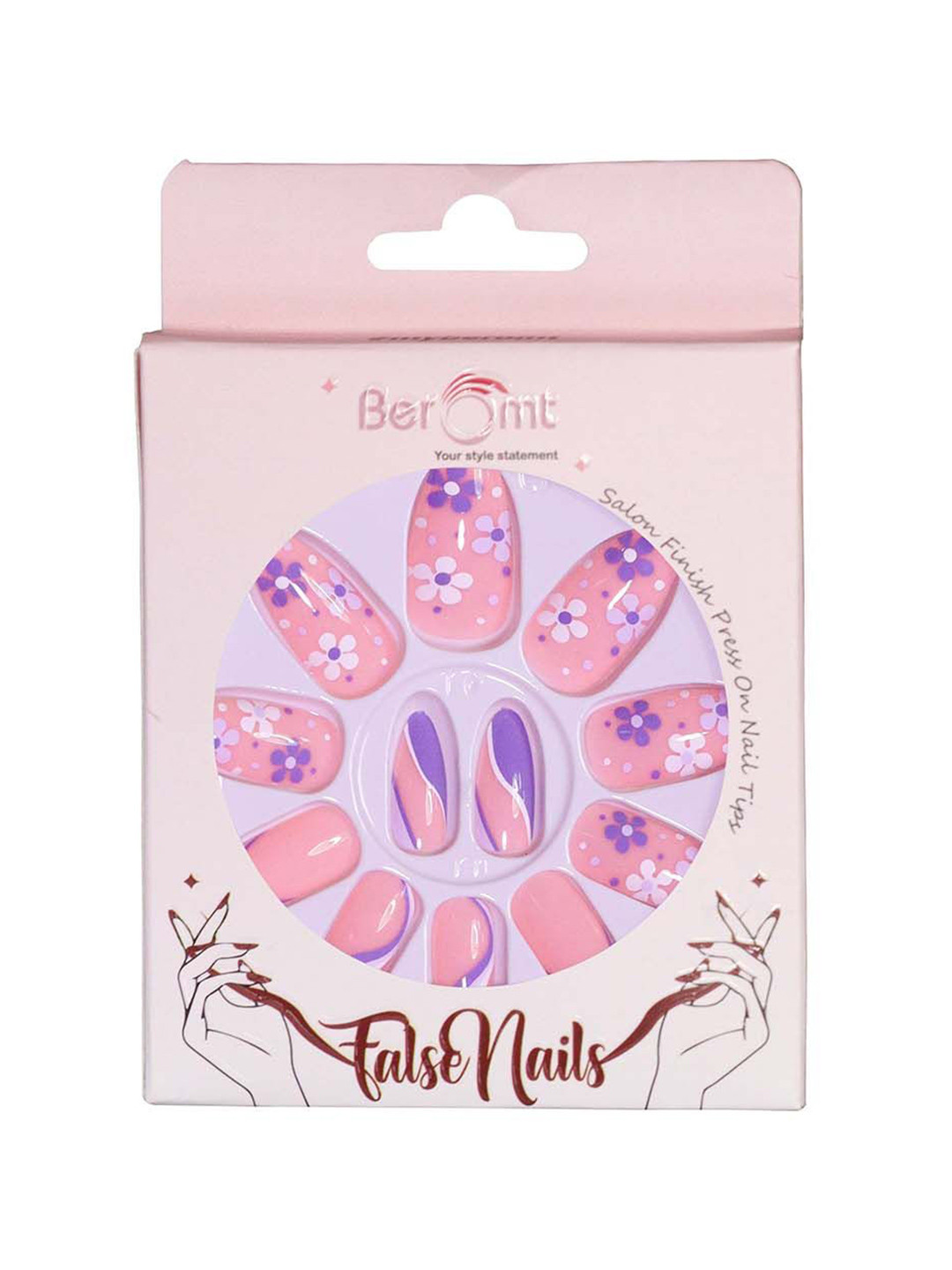 

BEROMT Set Of 16 Jelly Stick On Printed Nails With Filer, Cuticle Stick, Swab & Glue, Pink