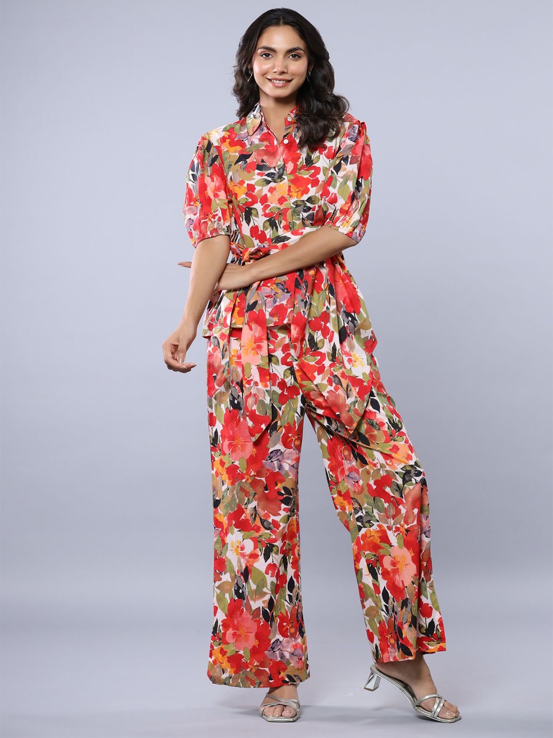 

JISORA Floral Printed Pure Cotton Top With Trouser, Orange