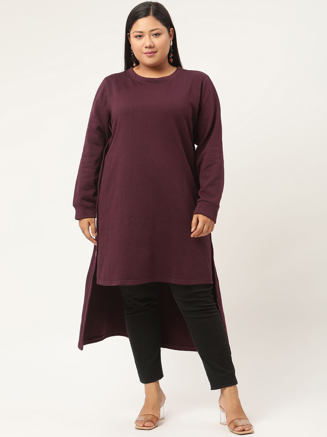 

theRebelinme Women Plus Size Cotton Longline Top, Burgundy