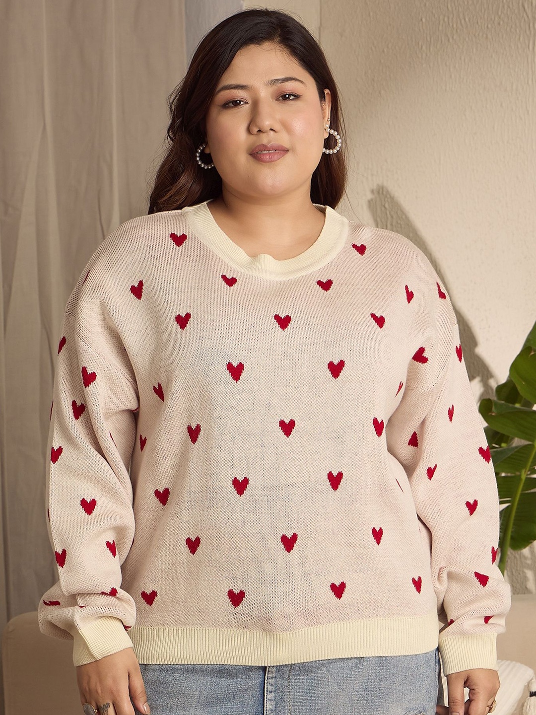 

Berrylush Curve Women Conversational Self Design Pullover, Beige