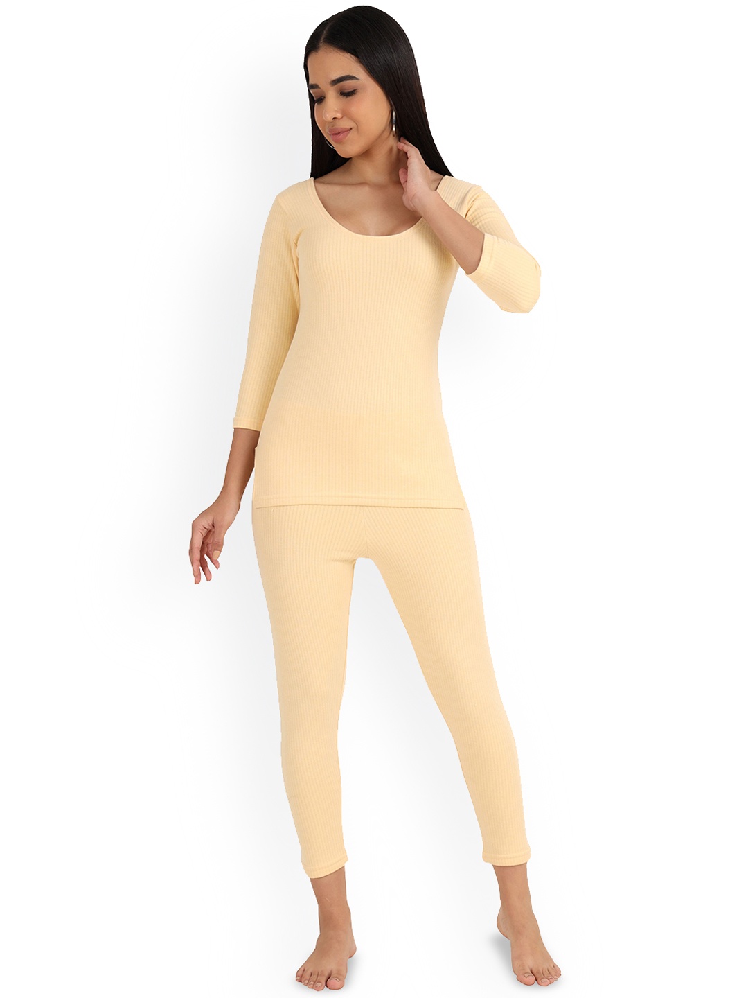 

SELFCARE Women Round Neck Breathable Thermal Set, Beige