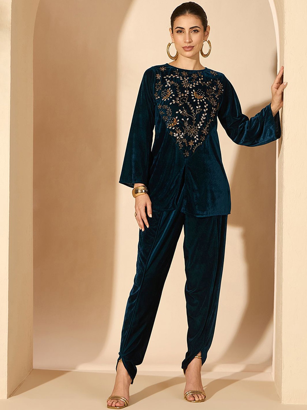 

Antheaa Velvet Embellished Top with Trousers, Teal