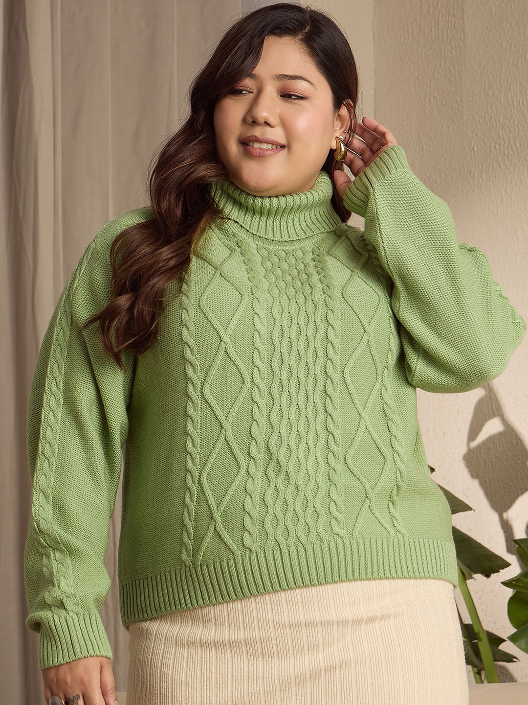 

Berrylush Curve Women Cable Knit Self Design Pullover, Green