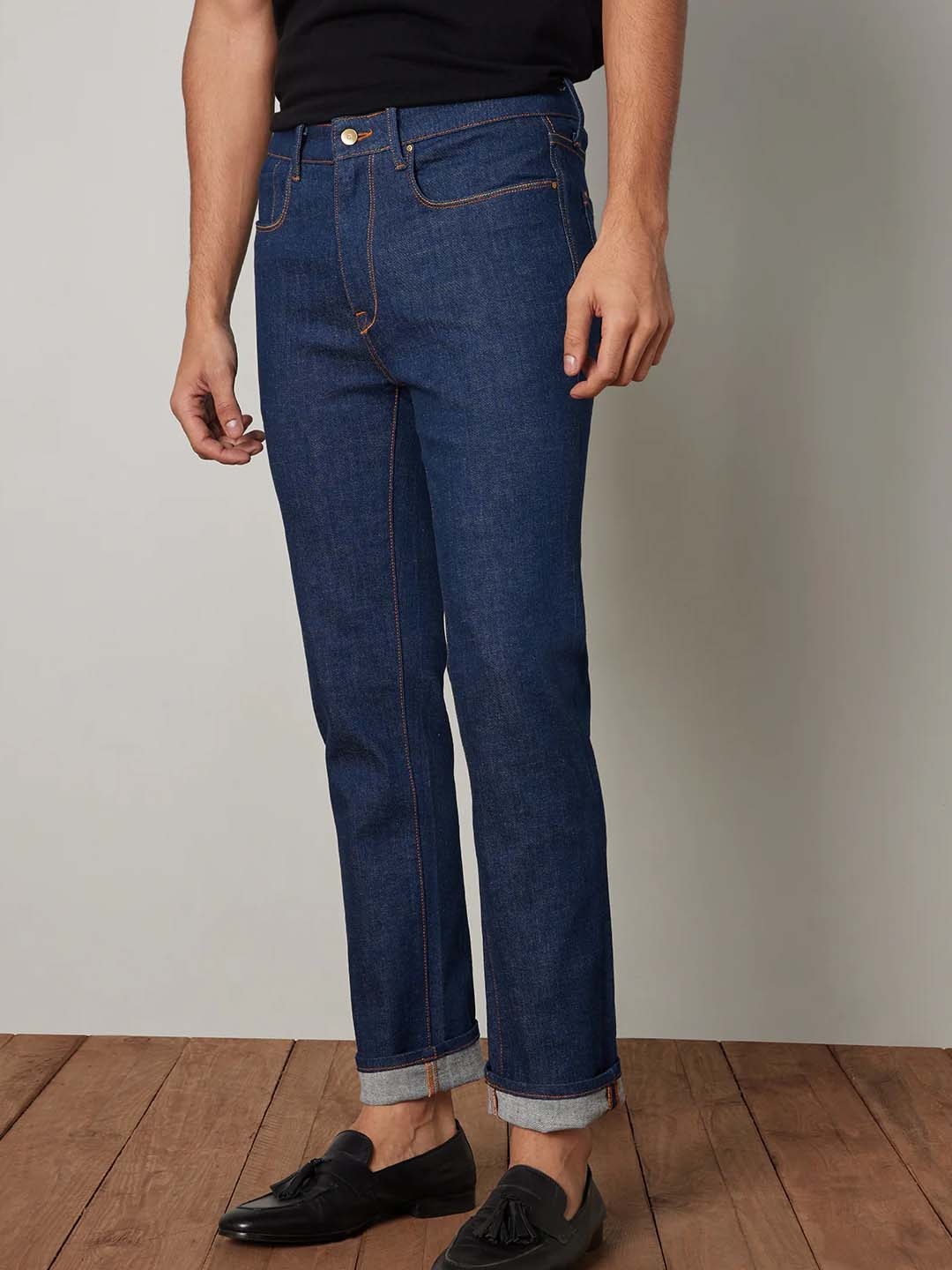 

Bombay Shirt Company Men Tapered Fit Low-Rise Low Distress Jeans, Navy blue