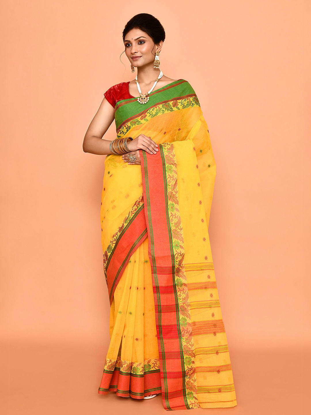 

PUKU Ethnic Motifs Woven Design Pure Cotton Taant Saree, Yellow