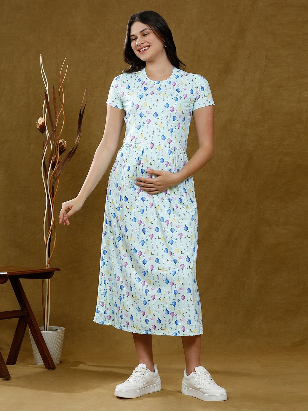 

True Shape Women Print Maternity Midi A-Line Dress, Green