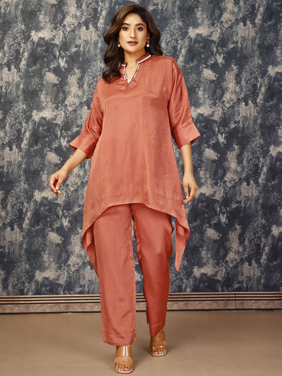 

Komarri U Mandarin Collar Cuffed Sleeves Asymmetric Hem Tunic & Trousers, Orange