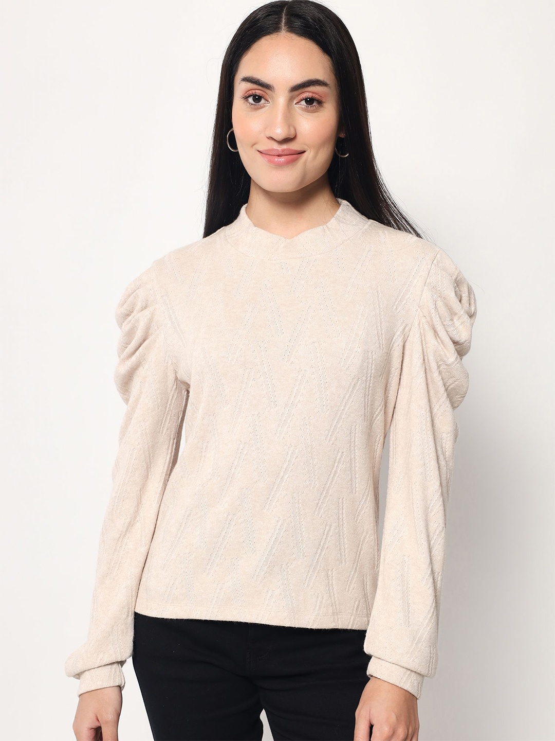 

Beatnik Women Self Design Puff Sleeve Blouson Top, Beige