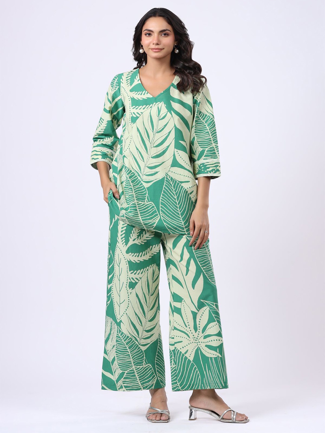 

JISORA Floral Printed Pure Cotton Tunic With Palazzo, Green