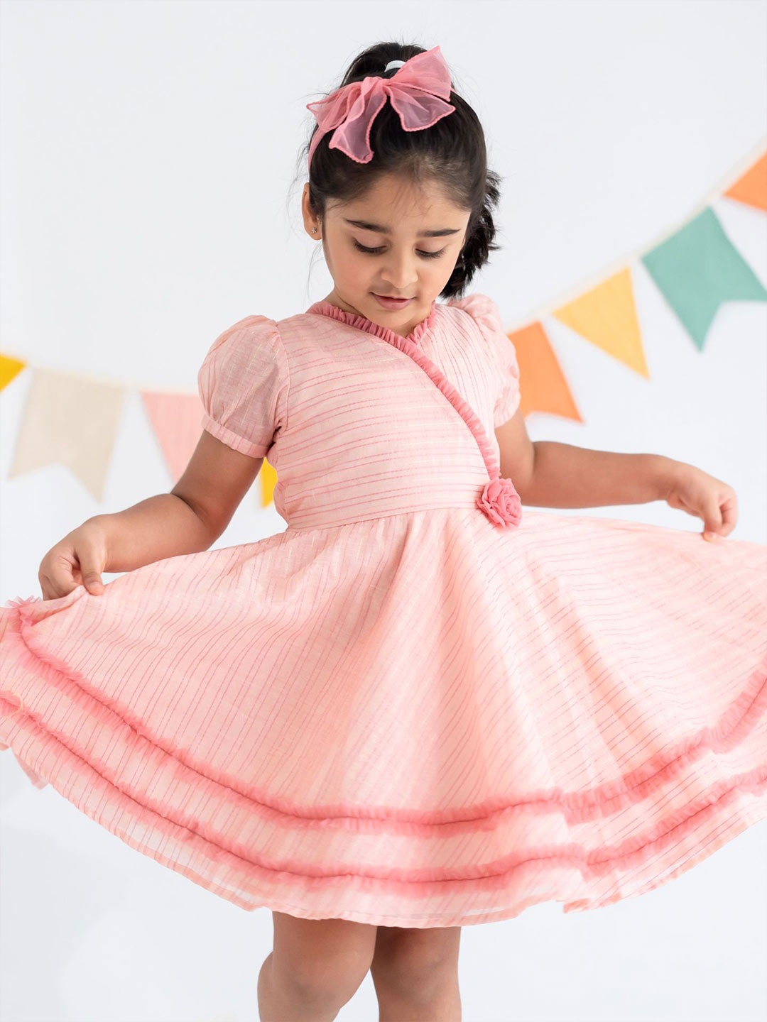 

Soleilclo Girls Striped Puff Sleeve Fit & Flare Dress, Pink