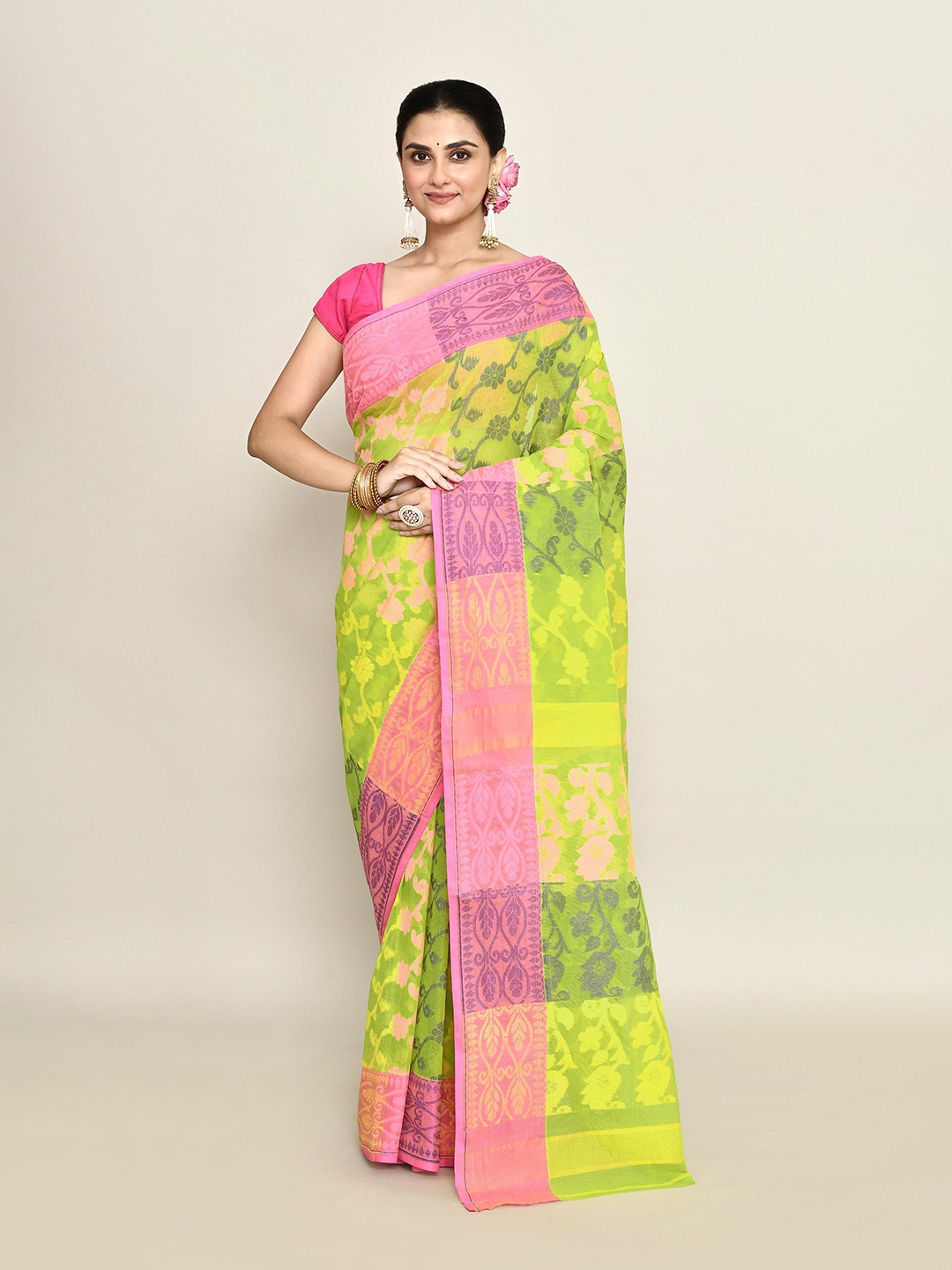 

PUKU Ethnic Motifs Pure Cotton Taant Saree, Green