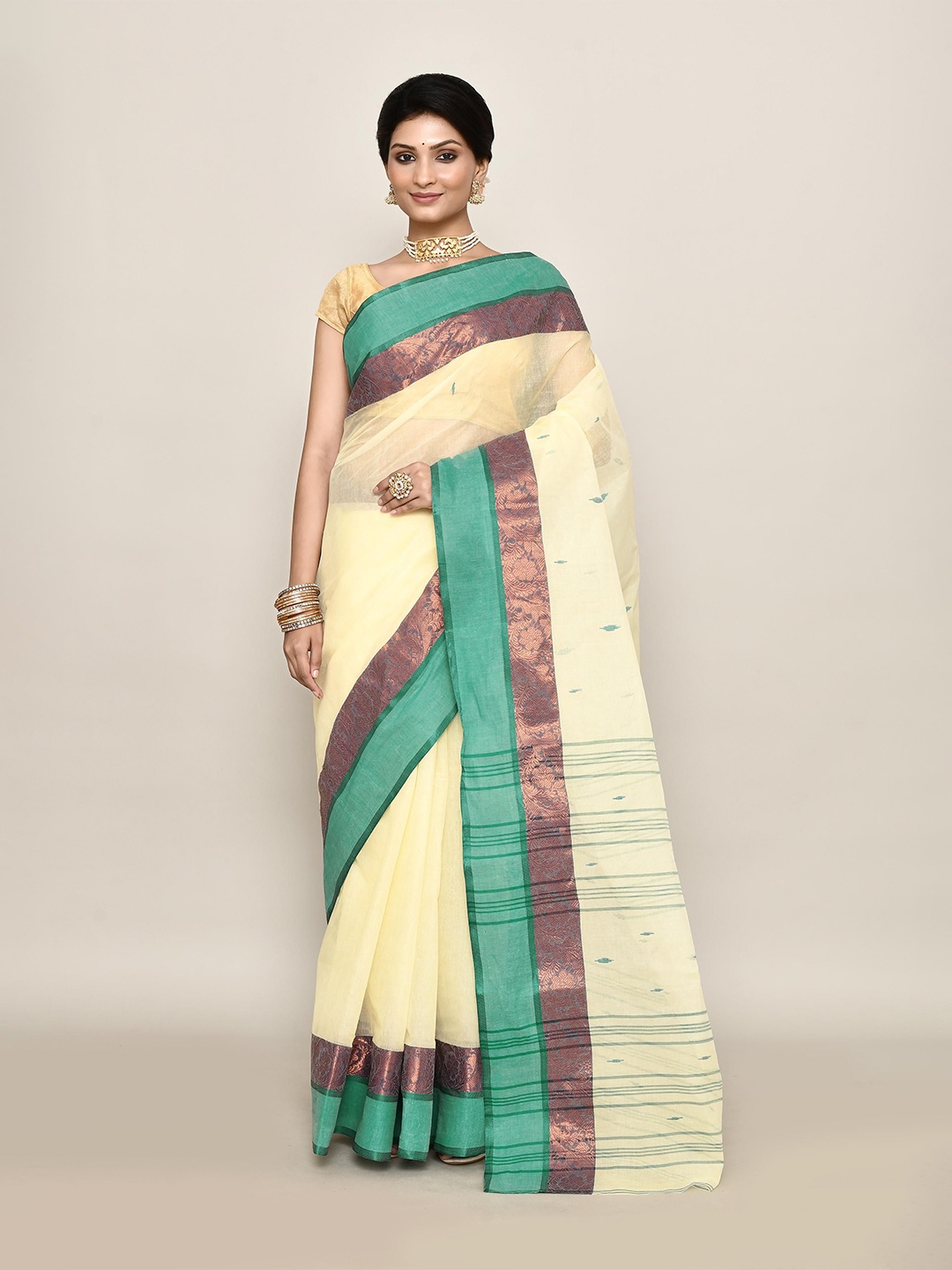 

PUKU Ethnic Motifs Patchwork Pure Cotton Taant Saree, Cream