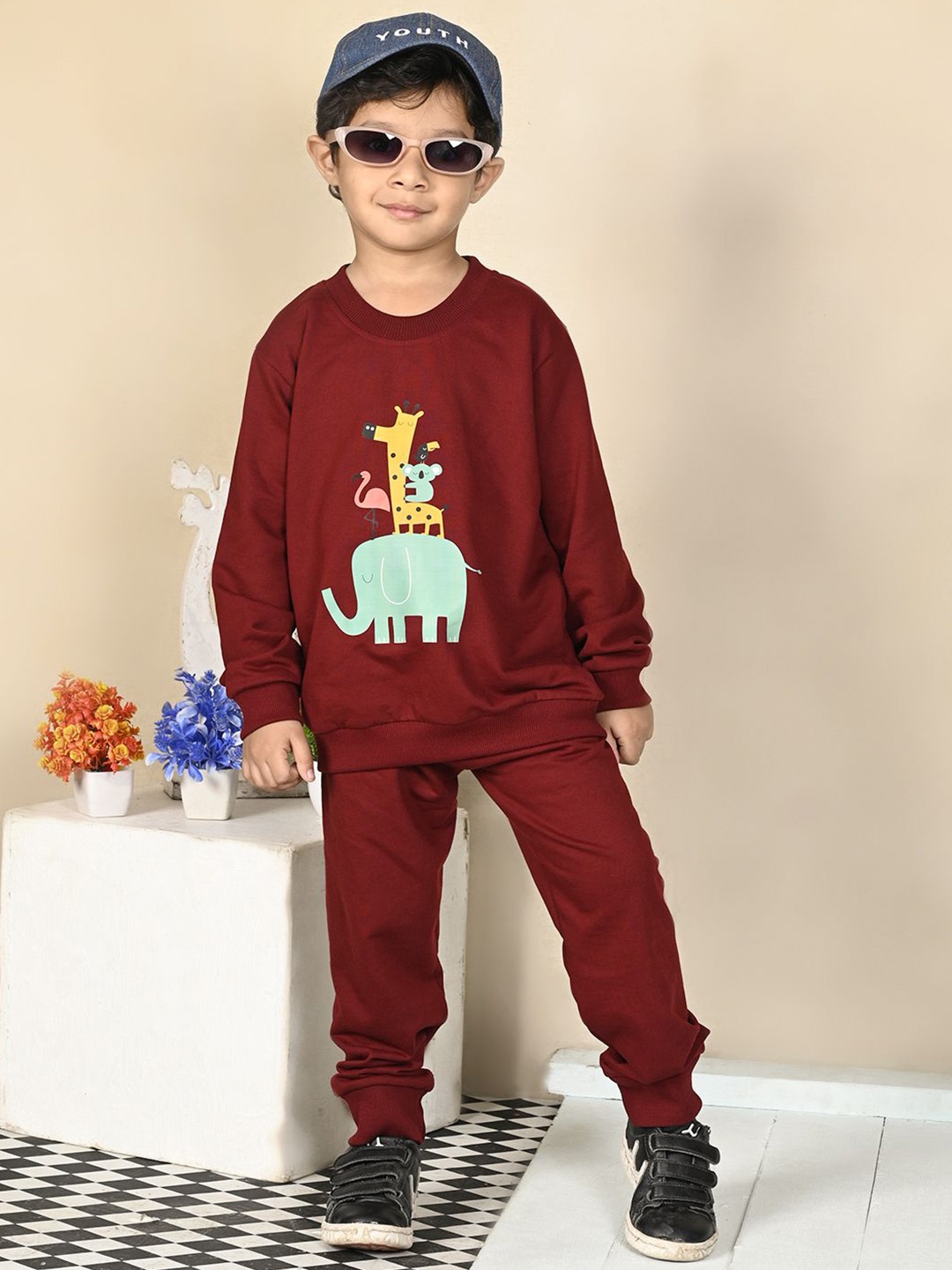 

Superminis Boys Printed Terry Cotton Sweatshirt With Jogger, Maroon