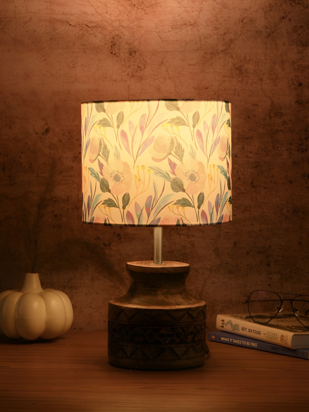 

green girgit Brown Printed Wood Cylindrical Shaped Table Lamp