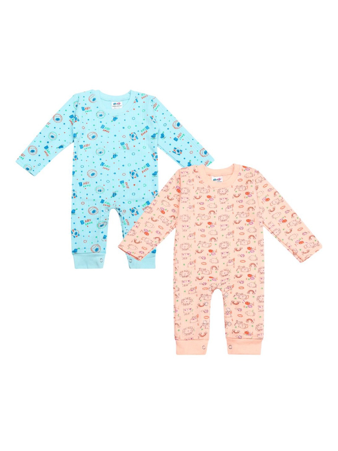 

Superminis Kids Pack Of 2 Infants Animal Printed Thermal Cotton Rompers, Peach