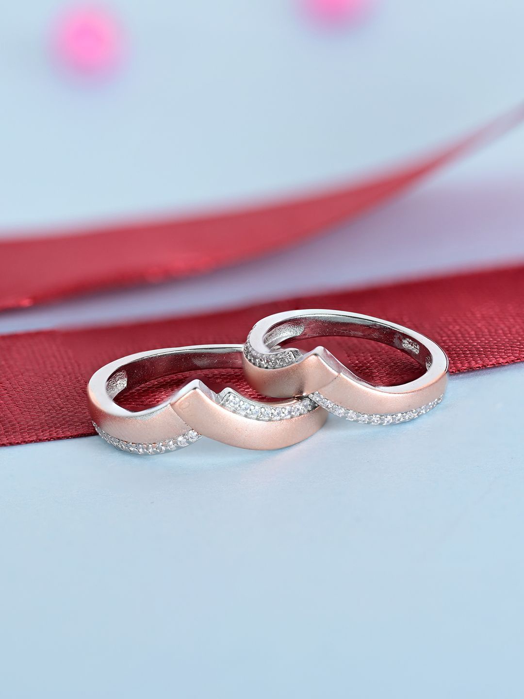 

TOUCH925 Unisex Set Of 2 Pure Silver CZ Stone Studded Couple Finger Ring