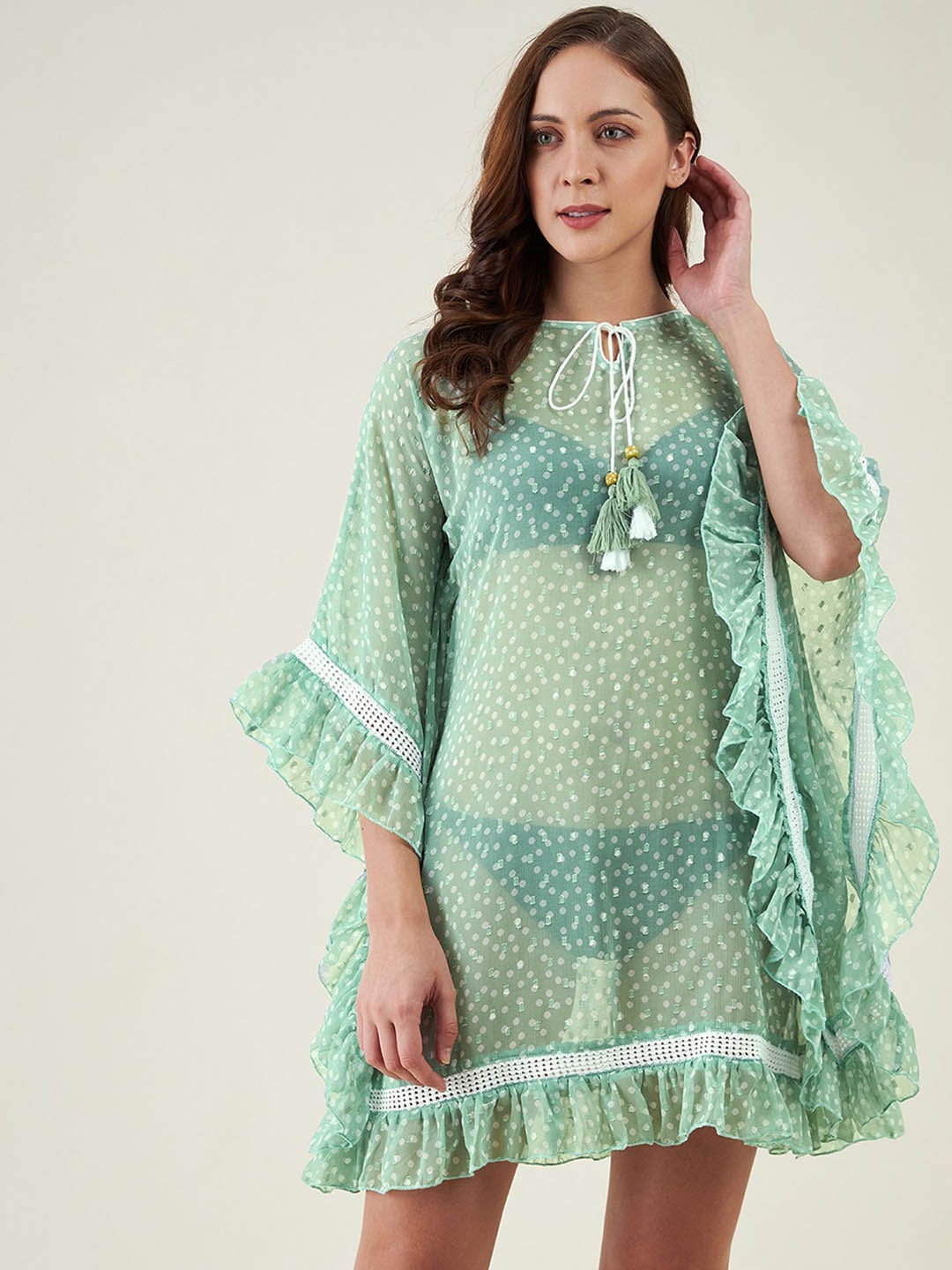 

The Kaftan Company Women Self Design Sheer Mini Kaftan Coverup, Green