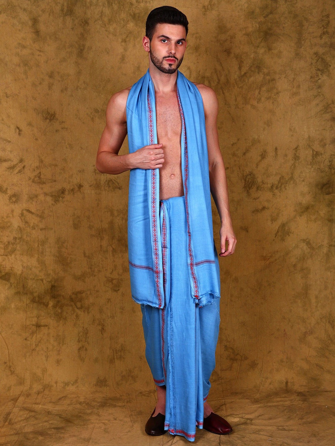 

Exotic India Jute Fiber Varanasi Dhoti with Angavastram Set and Thread Woven Border, Blue