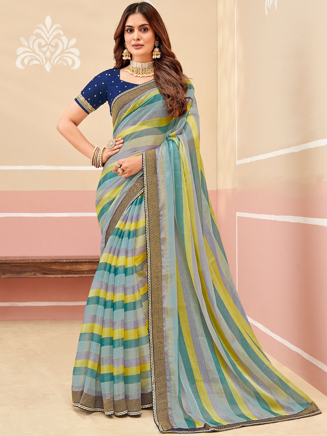 

Laxmipati Striped Embroidered Saree, Yellow
