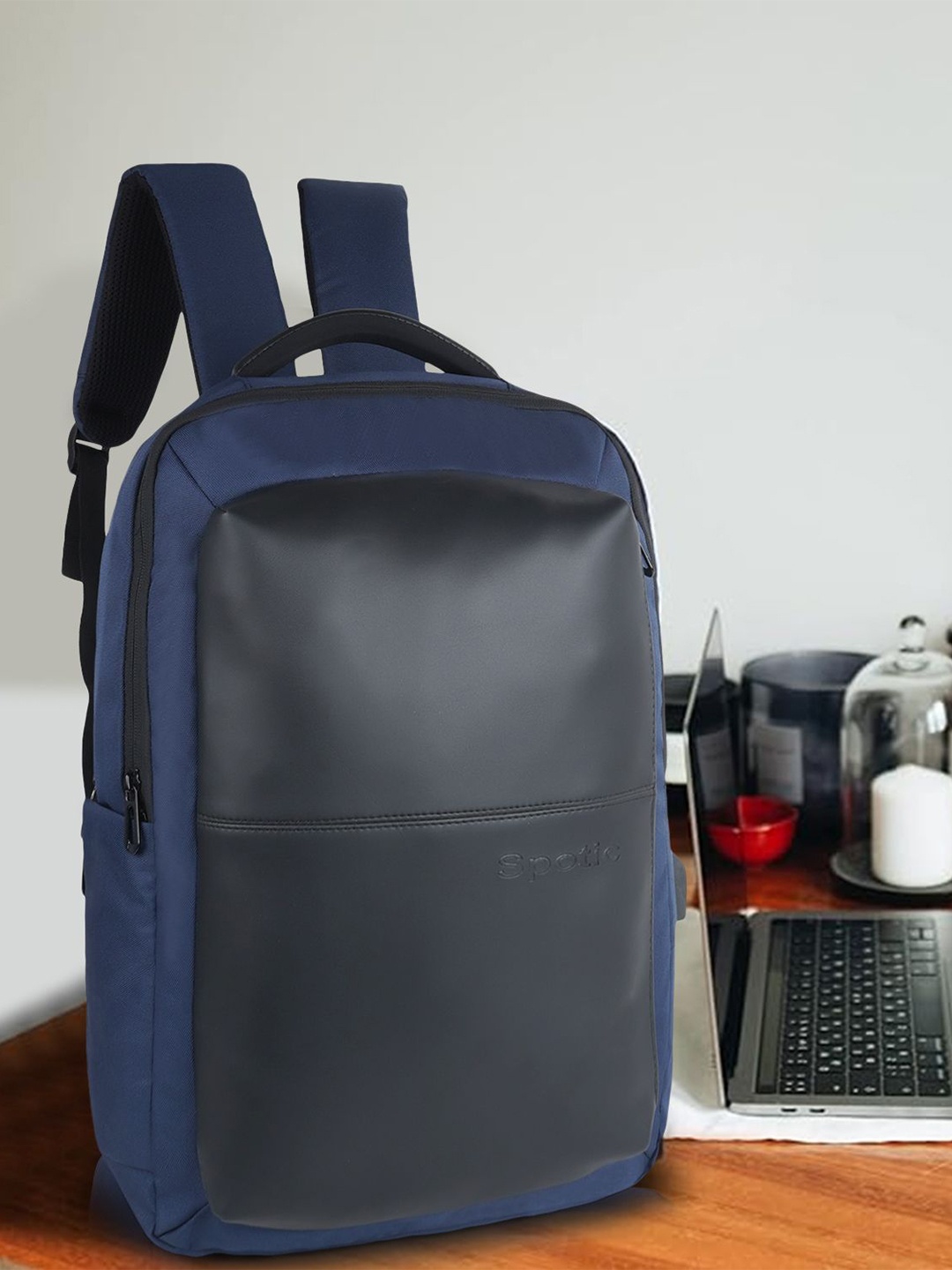 

SPOTIC Unisex Brand Logo Backpack with USB Charging Port, Navy blue