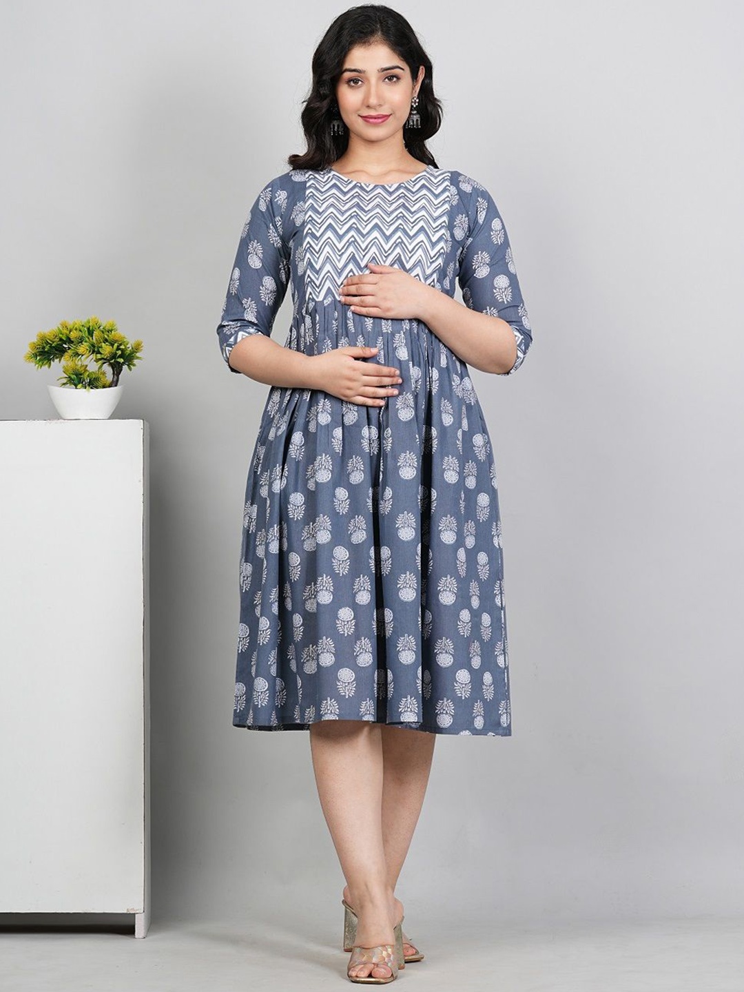 

HETSA Floral Printed Pure Cotton Fit and Flare Maternity Ethnic Dresses, Blue