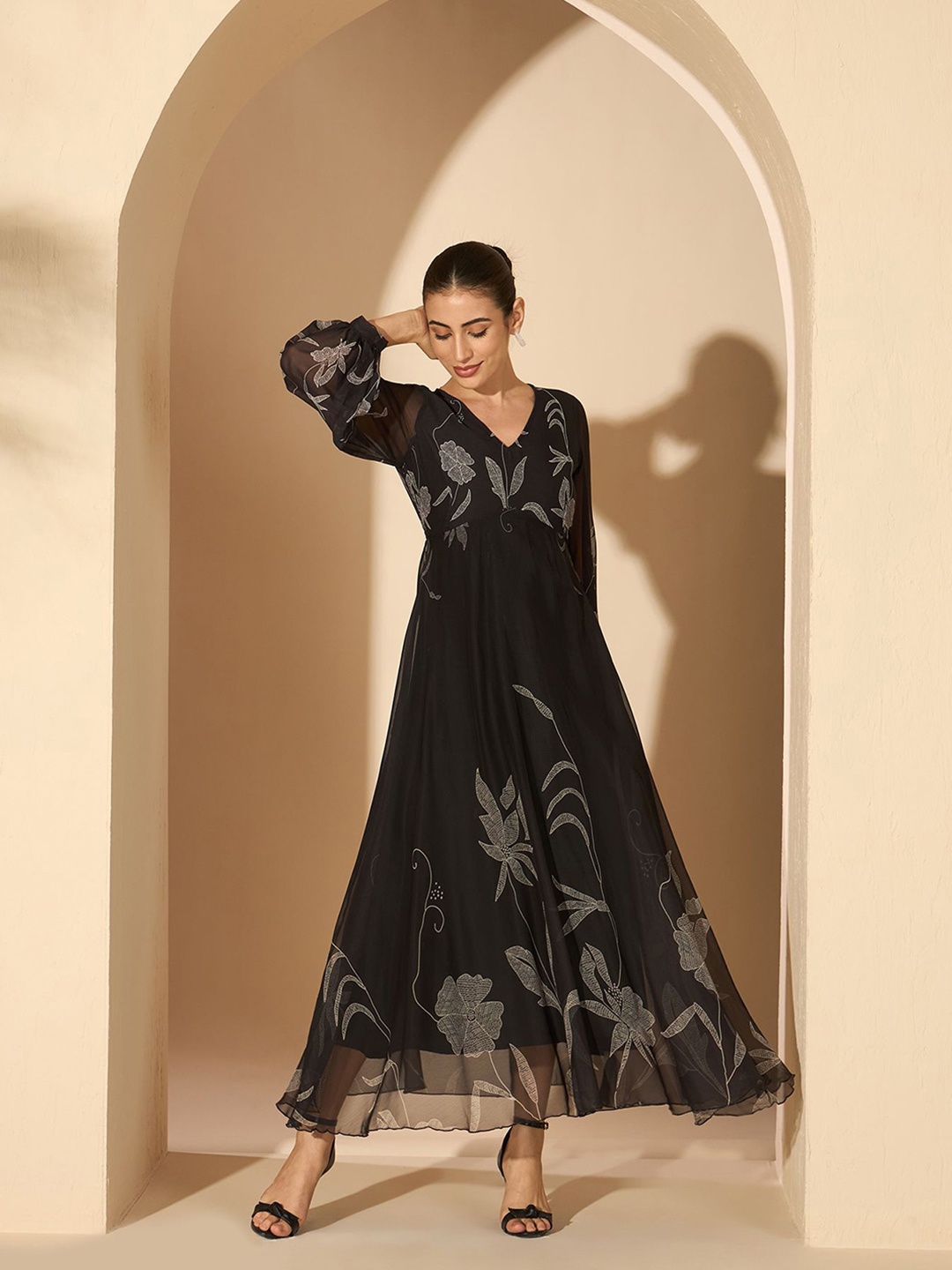 

Antheaa Floral Chiffon Fit and Flare Maxi Dress, Black