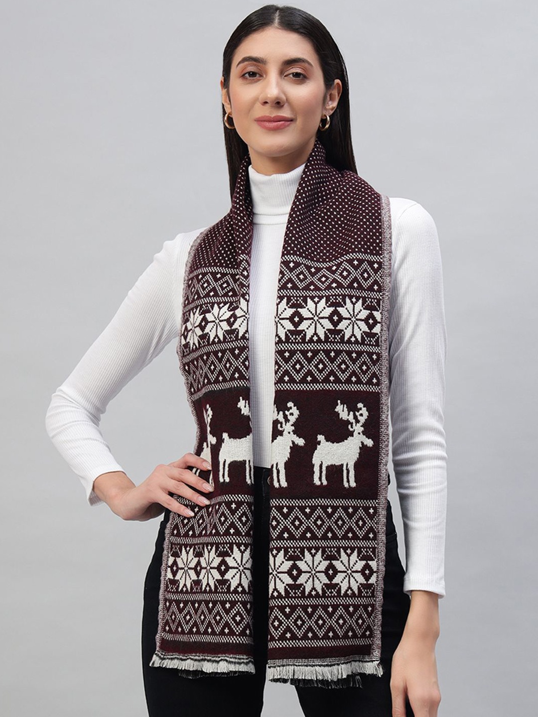 

HANDICRAFT PALACE Women Wool Self Design Printed Reversible Scarf, Maroon