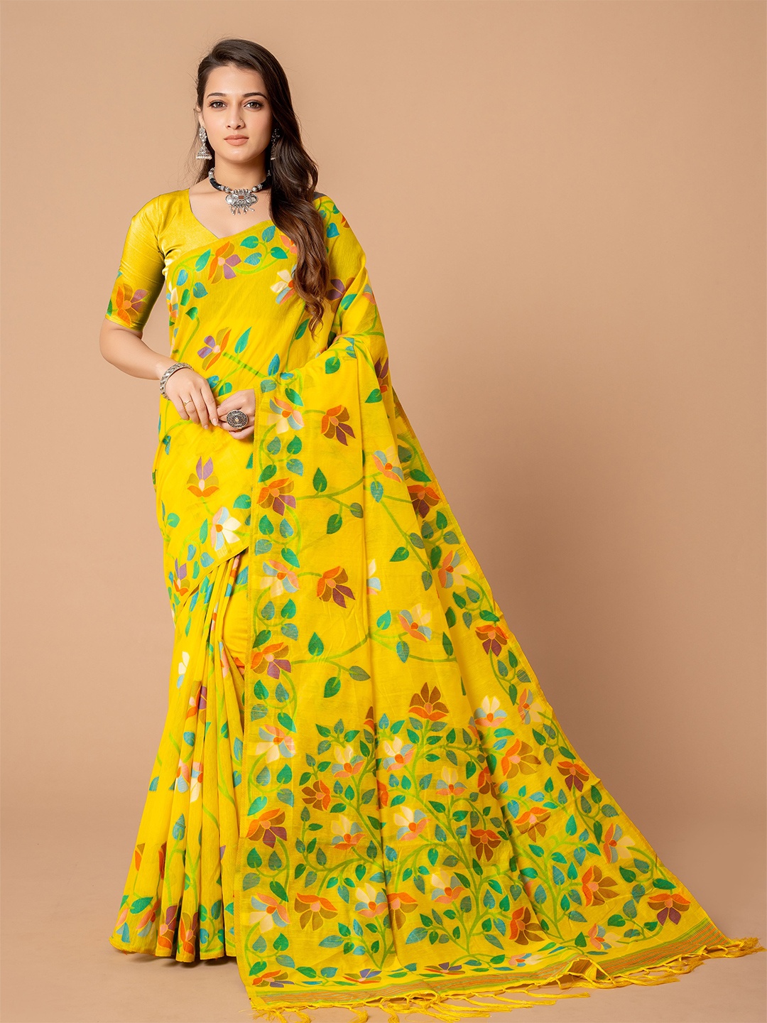 

HEER FASHION Floral Printed Pure Cotton Jamdani Saree, Yellow