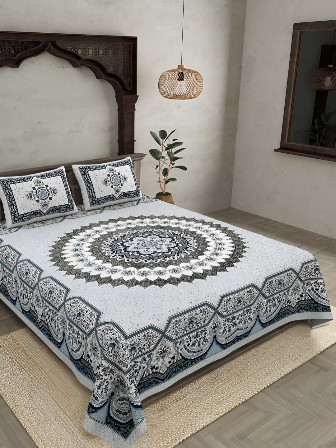 

BED-SHEET.COM Grey & Black Printed Cotton 240 TC King Bedsheet Set 2.74 m x 2.24 m