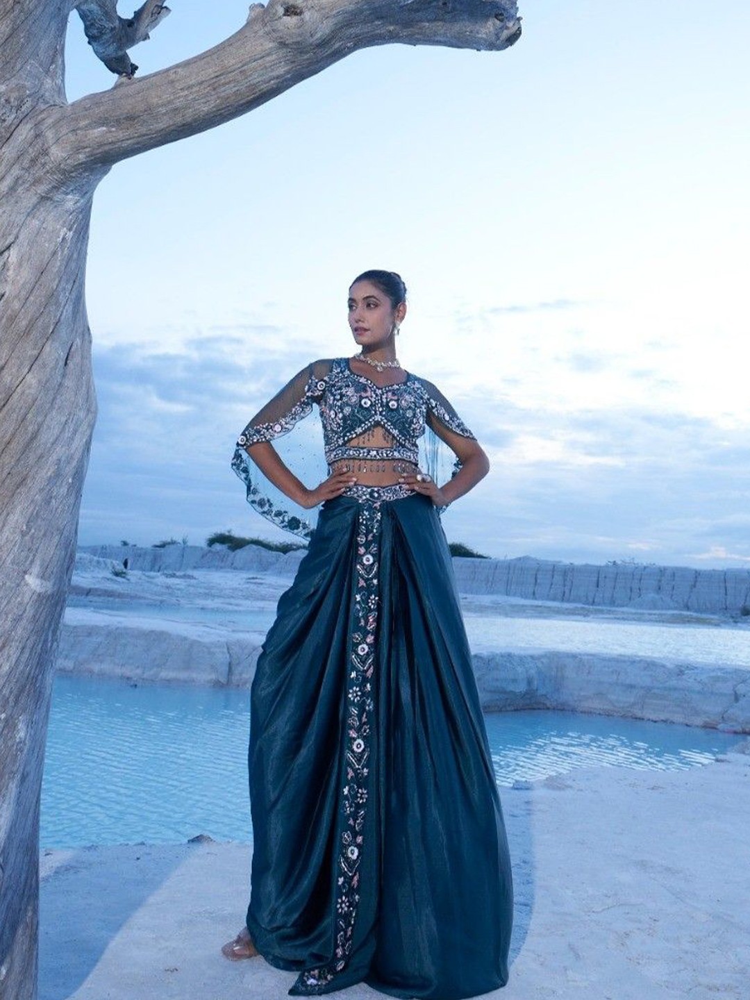 

LUGAI Embroidered Beads and Stones Silk Ready to Wear Lehenga & Blouse, Blue