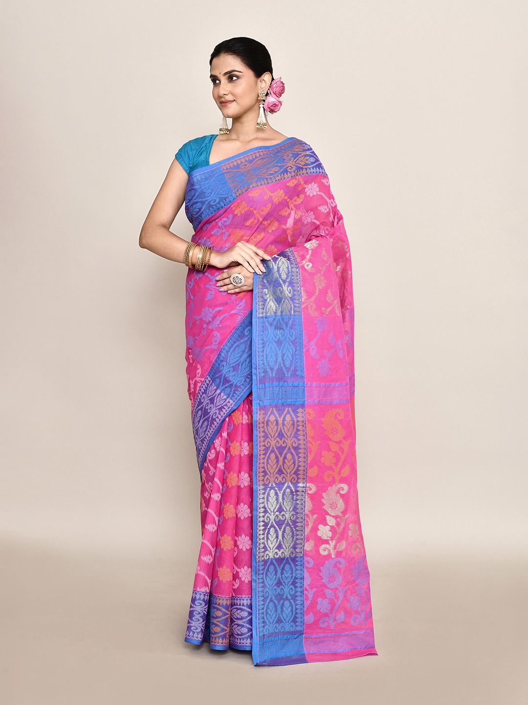 

PUKU Women Woven Design Pure Cotton Taant Saree, Pink