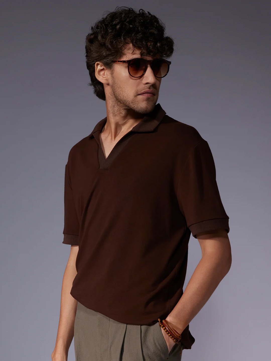 

Bombay Shirt Company Men Polo Collar Extended Sleeves Pockets T-shirt, Brown