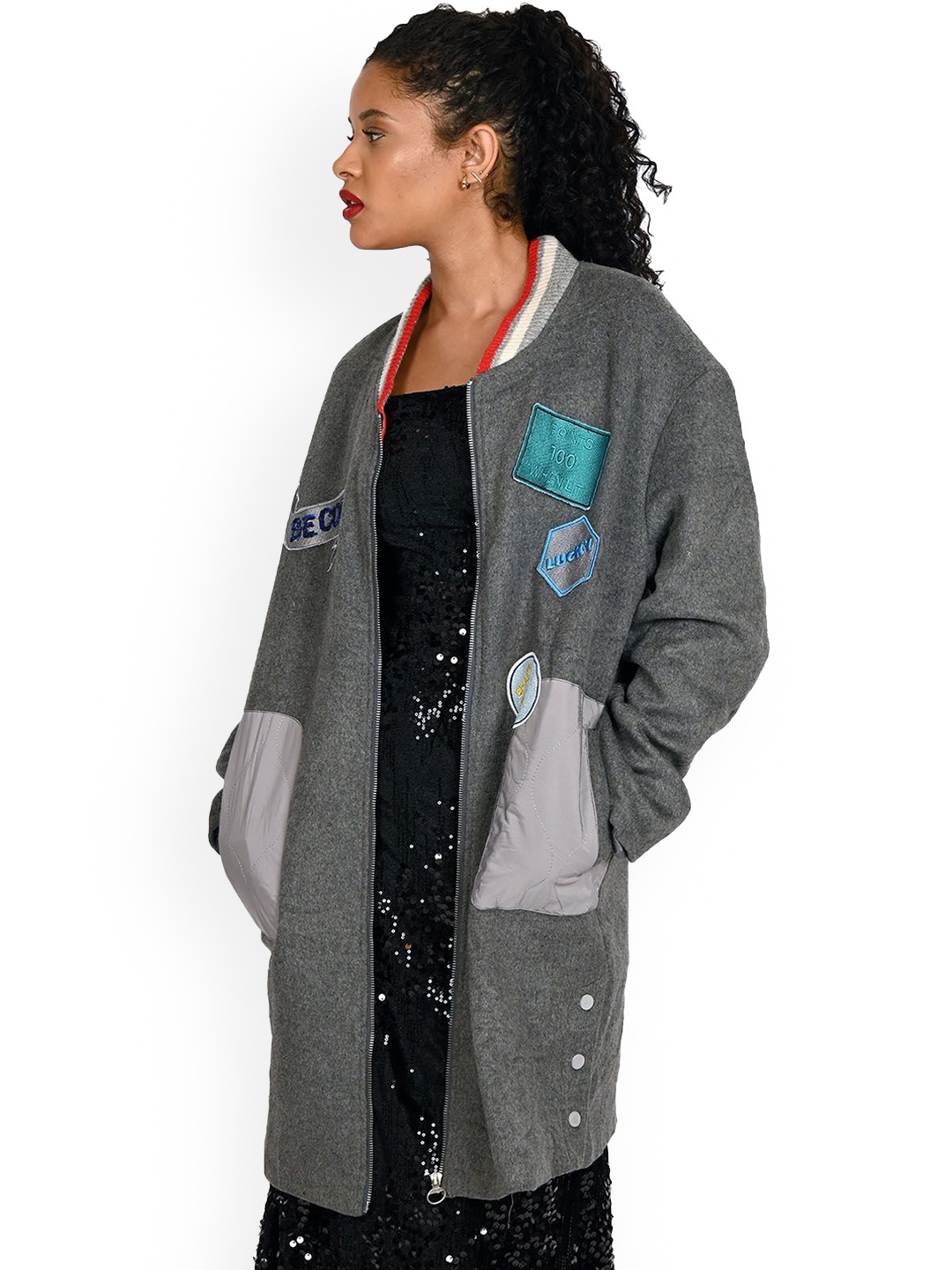 

ODETTE Women Woollen Longline Quilted Jacket with Patchwork, Grey