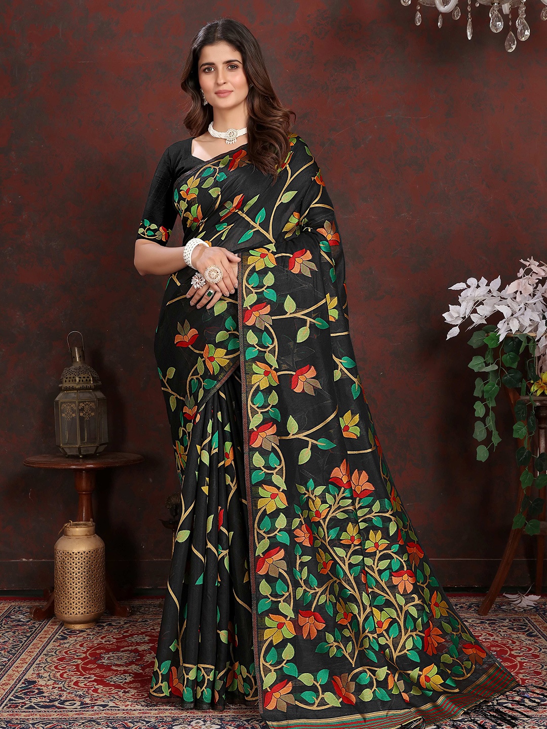 

HEER FASHION Floral Printed Pure Cotton Designer Jamdani Saree, Black